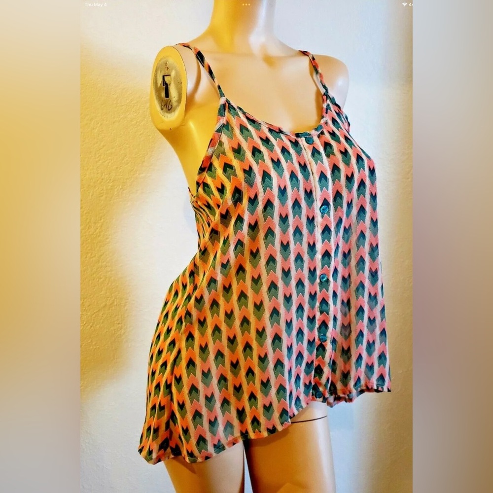 Womens Blouse Top Summer chevron faux button front coral and green S M L